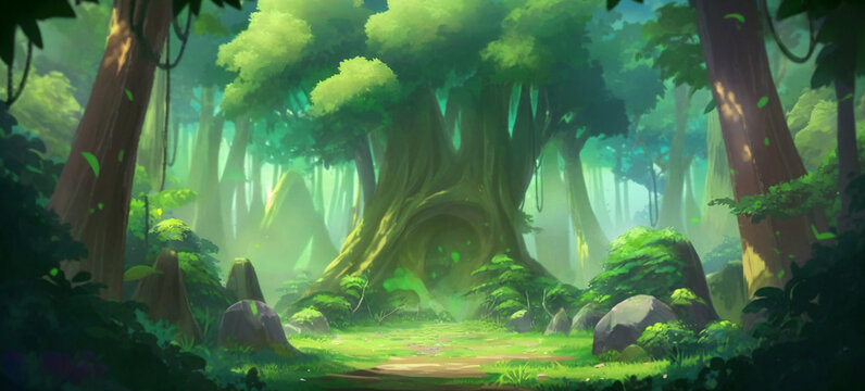 Fantasy tree home in forest game scene illustration background