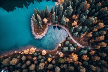 Fototapeta premium Forest and lake, landscape aerial drone view - AI generative