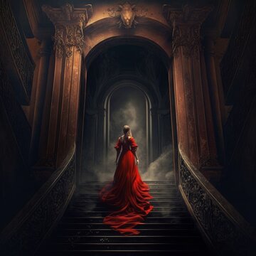 Young Woman Walking Up Stairs In A Dark Palace, GENERATIVE AI