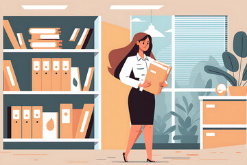 Flat vector illustration  a woman holding a folder in a library

