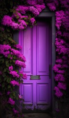  a purple door surrounded by purple flowers on a wall of purple flowers and vines on the outside of the door is a purple door with a green handle.  generative ai