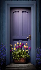  a purple door with a basket of tulips in front of it and purple flowers in front of the door and a blue door.  generative ai