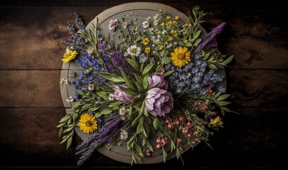 Obraz na płótnie Canvas a bunch of flowers are arranged in a circle on a table top with a wood background and a wooden table top with a wooden surface. generative ai