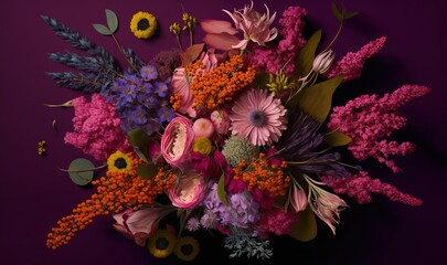 Obraz na płótnie Canvas a bouquet of flowers on a purple background with leaves and flowers in the center of the bouquet, with a purple background and a purple backdrop. generative ai