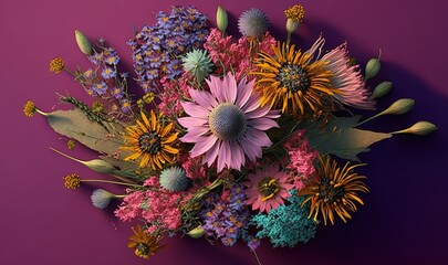  a bouquet of flowers on a purple background with a purple background and a purple background with a purple background and a purple background with a purple background.  generative ai