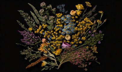 a bunch of flowers that are on a black background with a black background behind them is a black background with a black background and a black background with a black background.  generative ai