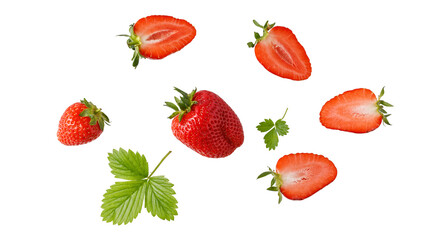 Fresh sweet whole and sliced strawberry and leaves closeup flying isolated on a white background.