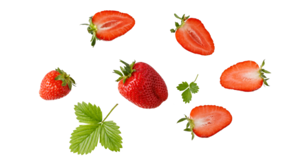 Fresh sweet whole and sliced strawberry and leaves closeup flying isolated on a white background.