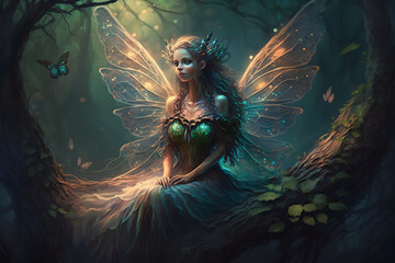 Beautiful fantasy elf woman butterfly queen. Neural network AI generated art - obrazy, fototapety, plakaty