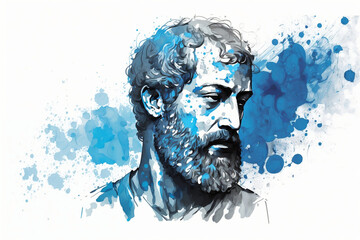Aristotle modern watercolor-style portrait in blue colors