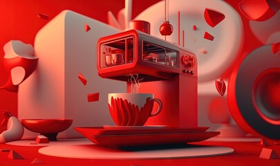  a red coffee maker with a cup on a plate and a speaker on a red background with white circles around it and a red plate with a cup on it.  generative ai