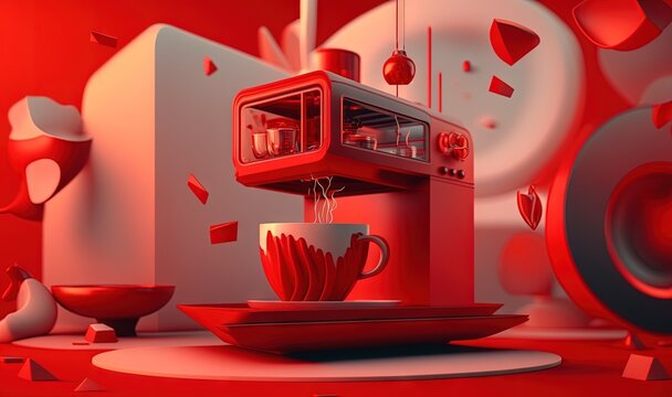  a red coffee maker with a cup on a plate and a speaker on a red background with white circles around it and a red plate with a cup on it.  generative ai