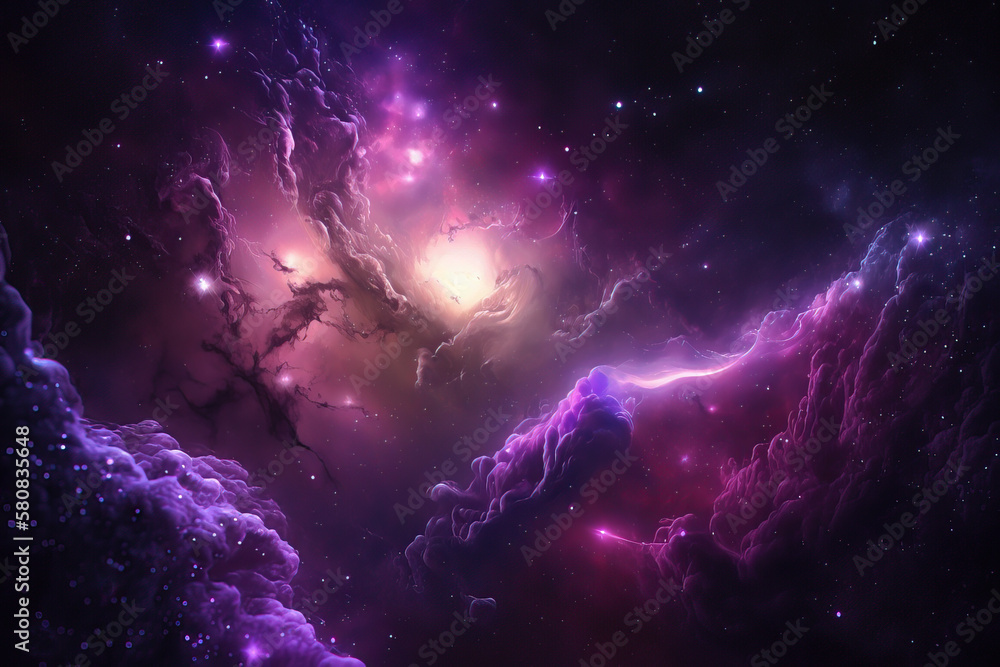Wall mural illustration of a space cosmic background of a colorful supernova nebula and stars, glowing mysterio