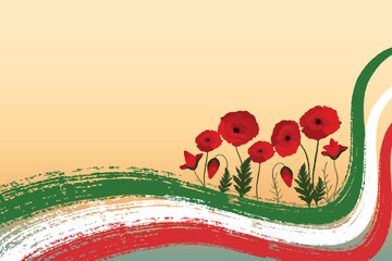 brush green, white, red, line and poppy flowers field banner. patriotic color for Italy, Hungary template for text 
