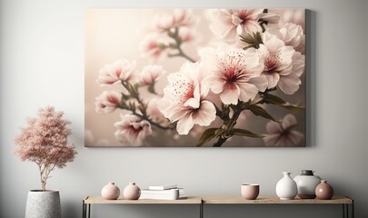  a painting of pink flowers on a white wall above a table with vases and a vase of flowers on a table with a vase on it.  generative ai