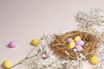 Banner for the Easter holiday. Colored eggs in a straw nest and white spring flowers on a pastel background. Place for text. Top view.