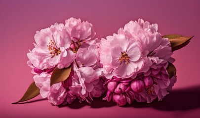  a group of pink flowers sitting on top of a pink table top next to a pink wall and a green leafy plant on the side of the table.  generative ai