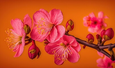  a branch of a tree with pink flowers on an orange background with space for text or image, with a red background with a yellow border.  generative ai