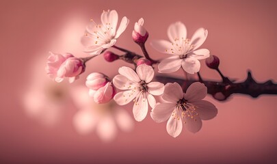  a branch of a flowering tree with pink flowers on a light pink background with a black branch in the foreground and a light pink background.  generative ai