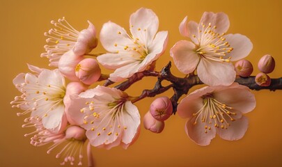  a branch of a flowering tree with pink flowers on a yellow background with yellow stamens and yellow stamens in the background.  generative ai