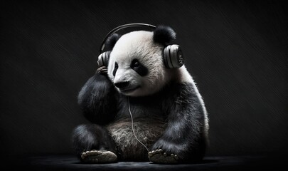 Fototapety   a panda bear with headphones sitting on the ground with its paws on the ground and its headphones up to its ear, with a black background.  generative ai