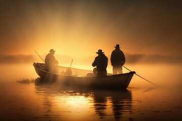 Fishermen in boat at sunrise, silhouettes of people on lake or river. Generative AI