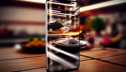 smartphone with delicious food scene ,generative AI