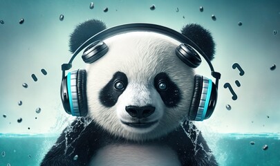 Fototapety   a panda bear wearing headphones and listening to music in the rain with headphones around his neck and earphones hanging from his neck.  generative ai