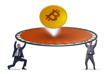 Monetary concept with cryptocurrency bouncing off the trampoline
