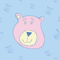 Hand drawn cute, cartoon pink smiling bear illustration on blue background with happy bears, pastel color texture for children; kids
