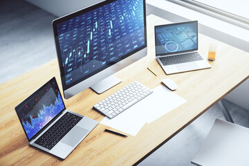 Modern computer display with abstract graphic data spreadsheet sketch, analytics and analysis concept. 3D Rendering