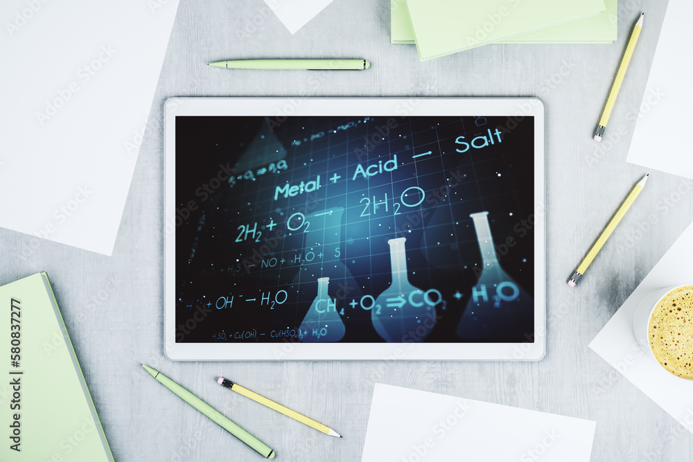 Poster Modern digital tablet monitor with creative chemistry illustration, research and development concept. Top view. 3D Rendering