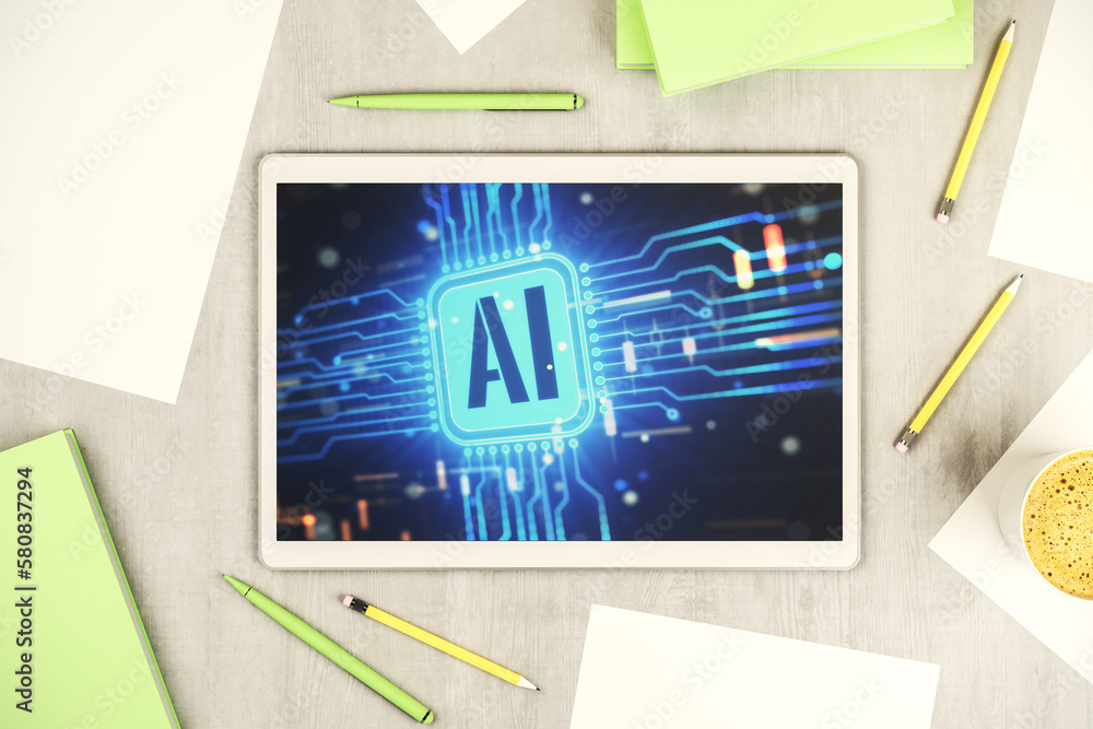 Leinwandbilder top view of modern digital tablet monitor with creative artificial intelligence icon. neural network