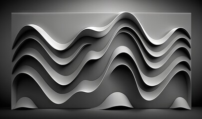  a black and white photo of an abstract wave pattern on a wall in a dark room with a light coming from the top of it.  generative ai