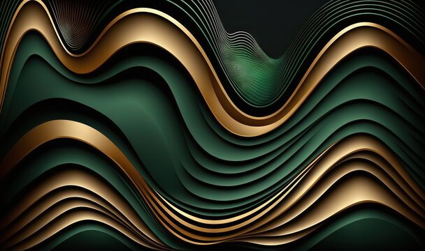  an abstract image of a wavy green and gold wave pattern on a black background with a green and gold stripe in the middle of the wave.  generative ai