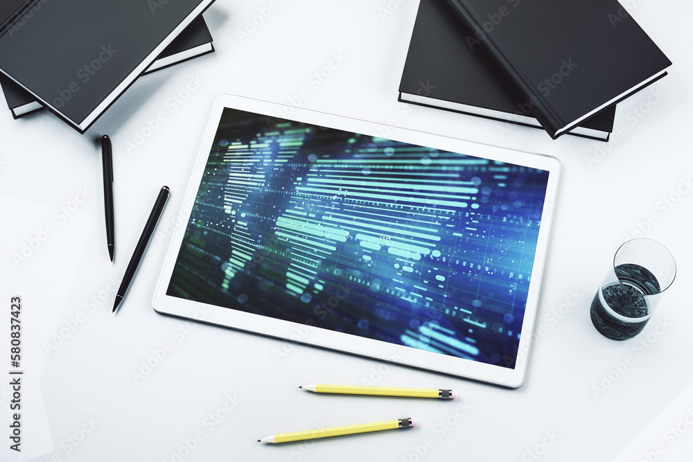 Poster top view of abstract world map on modern digital tablet screen, big data and blockchain concept. 3d 