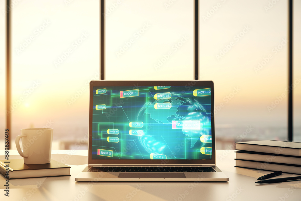 Leinwandbilder modern computer screen with abstract creative coding sketch and world map, artificial intelligence a
