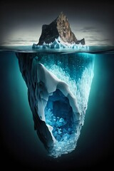 Tip of an iceberg in a icy sea seen from over and under the water. Generative AI