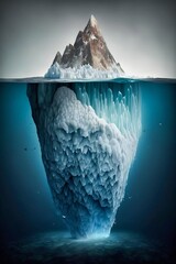 Tip of an iceberg in a icy sea seen from over and under the water. Generative AI