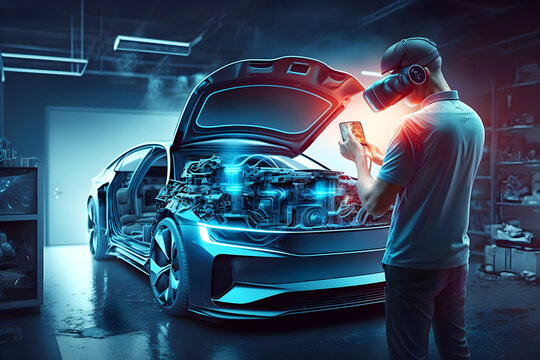 Futuristic car diagnosis with virtual reality headset, illustration ai generative