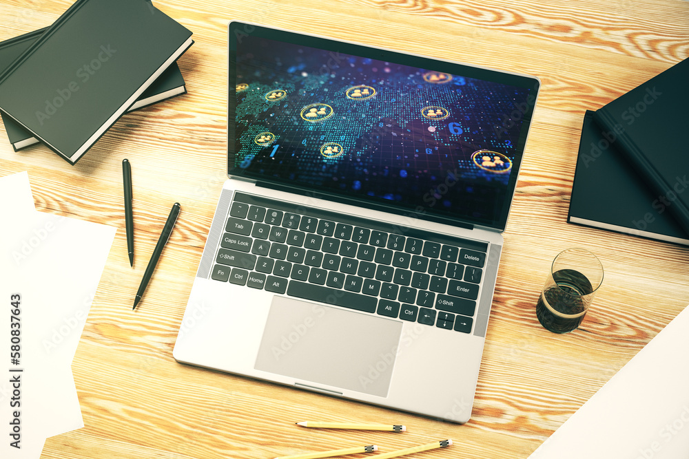 Poster Modern computer screen with social network icons concept and world map. Networking concept. 3D Rendering