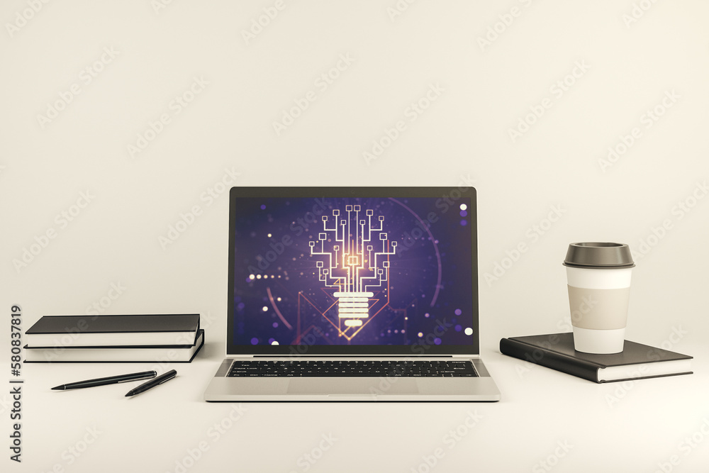 Fototapete creative light bulb with chip hologram on modern laptop monitor, artificial intelligence and neural 