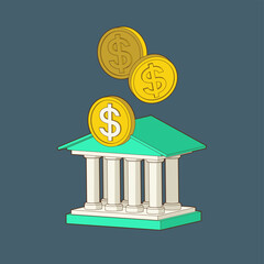 Bank building with money. Online banking, money box, finance, bank transactions, bank service. 3d, isometric vector icon. Cartoon perspective minimal style.