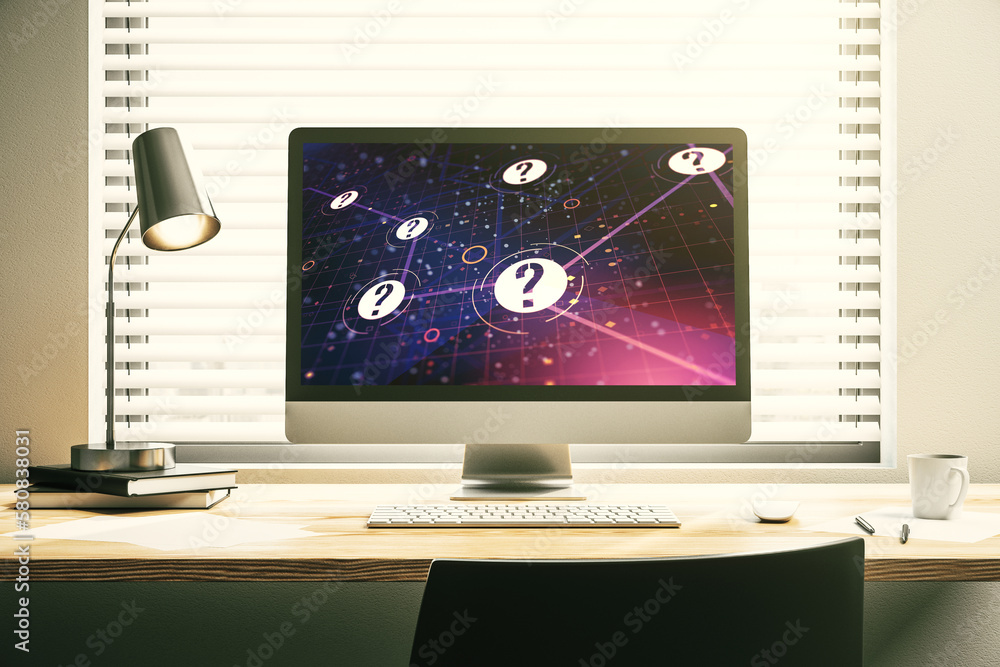 Aufkleber modern computer monitor with question mark hologram. sociology and psychology concept. 3d rendering