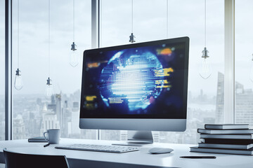 Modern computer display with abstract software development hologram and world map, global research and analytics concept. 3D Rendering
