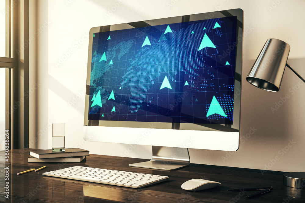 Poster creative concept of geolocations map on modern laptop screen. gps tracking and navigation concept. 3
