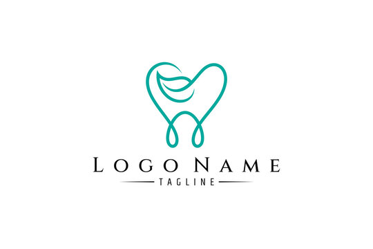 Logo design on which an abstract image of a tooth with a twig and leaves in simple line art style.