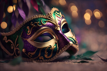 Gold, purple and green glittery mardi gras mask on shining bokeh city banner