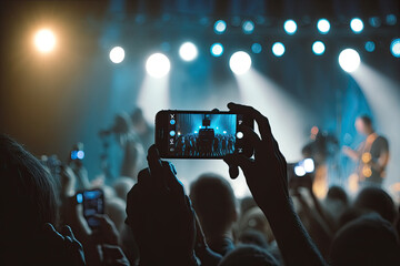 Fototapeta na wymiar a person records a concert or festival with his smartphone camera. Generative AI