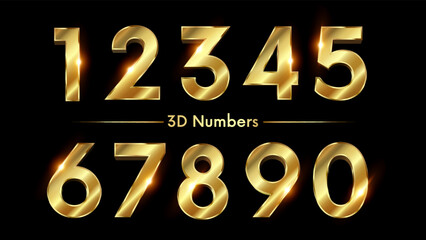 Golden Number 3D Style Font. one to Nine Isolated Letters. Birthday golden numbers Vector design elements. Golden numbers set. Vector 3d illustration. Realistic shiny characters - obrazy, fototapety, plakaty